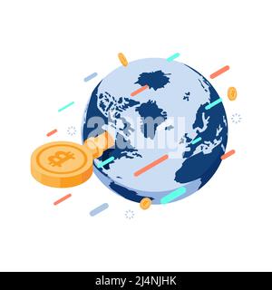 Flat 3D Isometric Bitcoin Key Sblocca il mondo. Concetto di criptovaluta e tecnologia Blockchain. Illustrazione Vettoriale