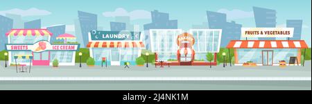 Negozi di strada. Market Street intorno alla strada della città, centro città con negozi locali edifici illustrazione vettoriale Illustrazione Vettoriale