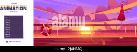Vista sul paesaggio dell'oceano dal ponte delle navi da crociera al tramonto. Vettore parallasse sfondo pronto per 2D animazione con cartoon illustrazione di stagcape, sole su Illustrazione Vettoriale