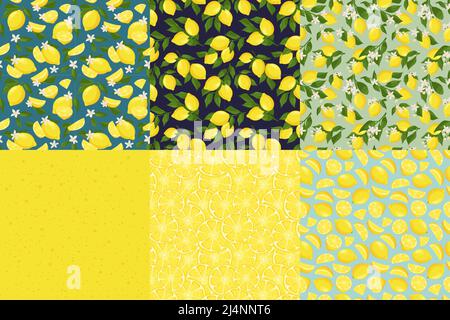 Motivo di tessitura al limone. Limoni con fiori in fiore, frutta fresca gialla e limonata estiva senza cuciture set vettoriale Illustrazione Vettoriale