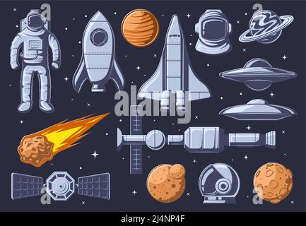 Spazio esterno vintage. Cartoon Planet, tuta spaziale astronauta e set di illustrazioni vettoriali di veicoli spaziali Illustrazione Vettoriale