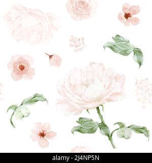 Modello senza cuciture con mazzi di rose e foglie rosa dipinte a mano con acquerello. Vettore di disegno botanico adatto per decorare gli sfondi di nozze, Illustrazione Vettoriale