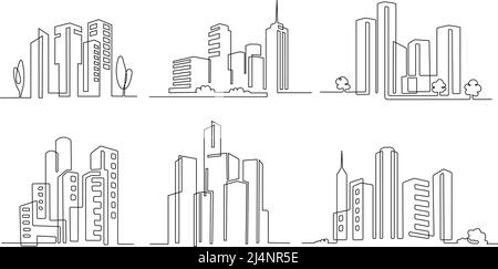 Città a una linea. Edifici grattacieli, paesaggio urbano lineare e moderno centro o quartiere degli affari set di illustrazioni vettoriali Illustrazione Vettoriale