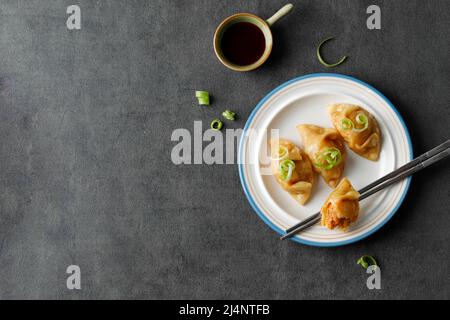 Gnocchi Kimchi fritti coreani o Mul Mandu sul piatto. Vista dall'alto con spazio di copia Foto Stock