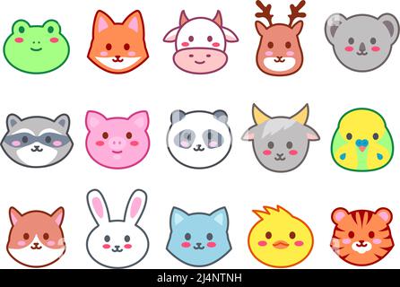 Animali Kawaii. Simpatico zoo volti, sorridente animale teste cartoon vettore Illustrazione set Illustrazione Vettoriale