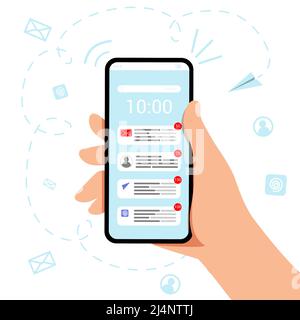 Tenere a mano il telefono cellulare con la nuova icona e-mail. Chat notifiche di messaggi chat chat, sms Concept e comunicazione concetto di illustrazione vettoriale Illustrazione Vettoriale