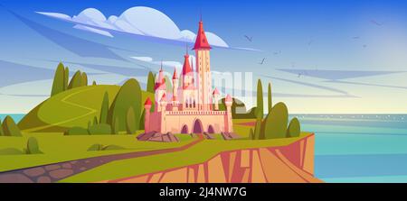 Castello fiabesco sull'isola in mare. Vettoriale cartoon estate paesaggio mediterraneo con riva del mare, verdi colline con alberi e palazzo reale, medievale ca Illustrazione Vettoriale