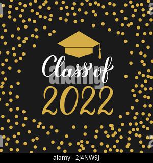 Classe di lettere 2022 con tappo graduato su fondo nero con cornice in oro. Poster tipografico per laureati. Modello vettoriale per messaggio di saluto ca Illustrazione Vettoriale