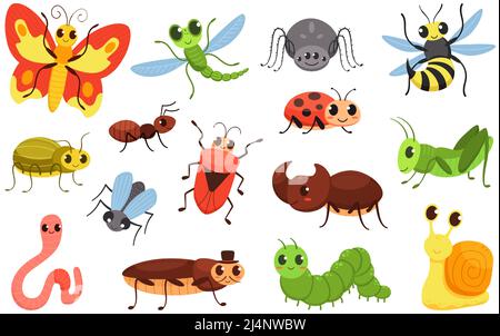 Insetti cartoni animati. Insetti felici, scarabeo piccolo carino e bruco sorridente. Fauna selvatica insetto vettore Illustrazione set Illustrazione Vettoriale