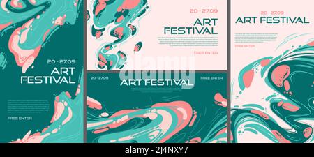 Festival d'arte poster astratti o volantini, invito a mostre o esposizioni. Sfondi creativi con design di pittura moderno in stile art deco wi Illustrazione Vettoriale