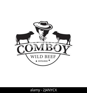 Logo Cowboy testa e due mucche emblema vintage simbolo modello di design Illustrazione Vettoriale