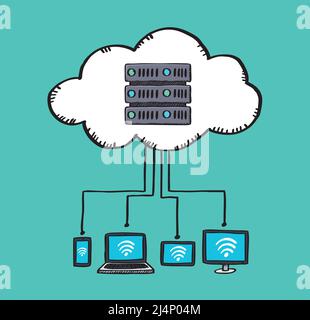 Illustrazione vettoriale della connessione di più dispositivi a un server cloud. Illustrazione dello stile di schizzo. Illustrazione Vettoriale