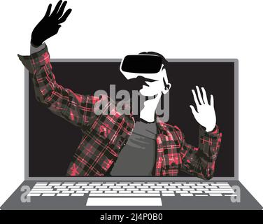 Uomo che indossa occhiali VR, mani in su, esce dal notebook Illustrazione Vettoriale