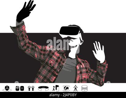 L'uomo che indossa occhiali VR, le mani in alto, esce dallo schermo Illustrazione Vettoriale
