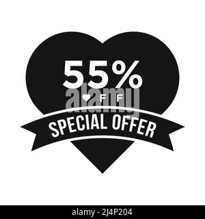 Banner promozionale sconto del 55%. Offerta Speciale, evento, Offerta San Valentino, modello vettoriale etichetta sconto vacanze Illustrazione Vettoriale