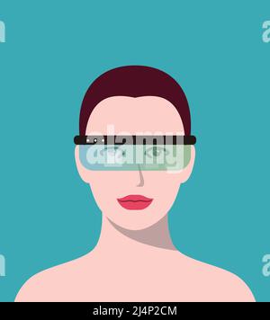 Beauty girl indossa occhiali per realtà virtuale. Vista frontale, giochi, ricerca in alto, illustrazione vettoriale Illustrazione Vettoriale