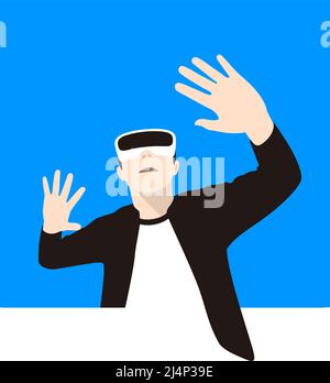 Uomo che indossa occhiali per realtà virtuale. Mani in su, giochi, illustrazione vettoriale Illustrazione Vettoriale