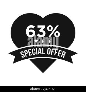 Banner promozionale sconto del 63%. Offerta Speciale, evento, Offerta San Valentino, modello vettoriale etichetta sconto vacanze Illustrazione Vettoriale