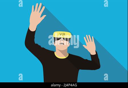 Uomo che indossa occhiali per realtà virtuale. in alto le mani, giocare, illustrazione vettoriale Illustrazione Vettoriale