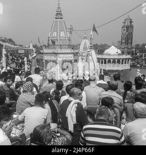 Haridwar, India, 02 2021 ottobre - Har Ki Pauri è un famoso ghat sulle rive del Gange in Haridwar, India, tempio indiano sulle rive del Gange, Foto Stock