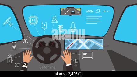 L'uomo passa in alto, utilizzando una moderna auto a guida autonoma Illustrazione Vettoriale