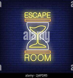 Cartello al neon Escape room. Testo e vetrata su sfondo mattone. Elementi di banner o cartelloni luminosi. Illustrazione vettoriale in stile neon per poster Illustrazione Vettoriale