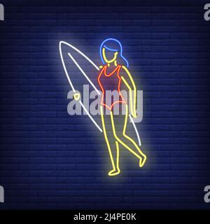 Donna con cartello da surf al neon. Surf, sport estremi, design turistico. Insegna al neon notturna, cartellone colorato, banner chiaro. Illustrazione vettoriale Illustrazione Vettoriale