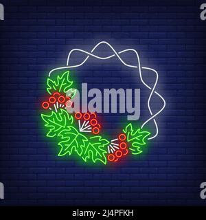 Viburnum foglie e frutti di bosco cornice segno neon. Autunno, decorazione design. Insegna al neon notturna, cartellone colorato, banner chiaro. Illustrazione vettoriale Illustrazione Vettoriale