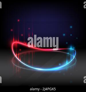 Linea di luce circolare al neon con ombra a terra. Modello di visualizzazione del prodotto. Podio e scena effetto incandescente. Elementi astratti di colore rosso e blu Illustrazione Vettoriale