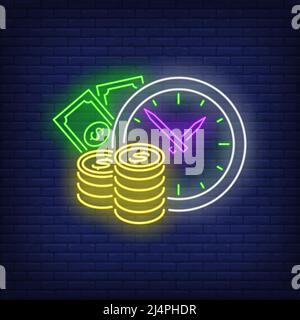 Orologio con cartello al neon cash. Orologio, soldi, monete, banconote in dollari. Concetto di tempo. Illustrazione vettoriale in stile neon, elemento luminoso per argomenti come banki Illustrazione Vettoriale