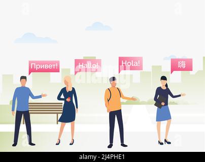 Persone che comunicano tra loro in lingue straniere. Personaggi fumettistici maschili e femminili che parlano lingue diverse. Illustrazione vettoriale per pr Illustrazione Vettoriale
