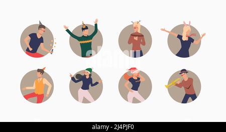 Ballare le persone in cappelli festive set. Uomini e donne che festeggiano, ballano e si divertono. Concetto di vacanza. L'illustrazione vettoriale può essere usata per gli argomenti lik Illustrazione Vettoriale