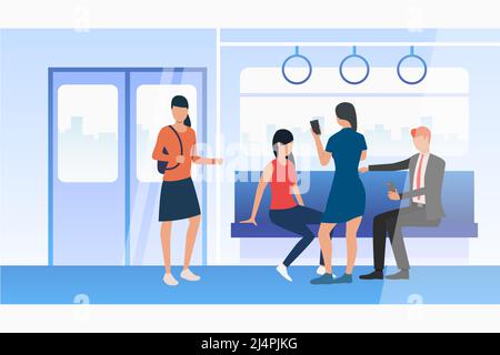 Persone che utilizzano telefoni cellulari in treno della metropolitana. Uomini e donne seduti e in piedi in carrozza. Concetto di trasporto pubblico. È possibile utilizzare un'illustrazione vettoriale Illustrazione Vettoriale