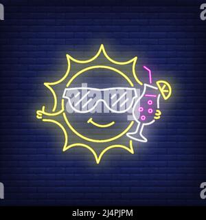 Cartoon sole cocktail cocktail al neon segno. Carino personaggio con vetro e paglia su sfondo muro di mattoni. Illustrazione vettoriale in stile neon per il volo delle feste Illustrazione Vettoriale