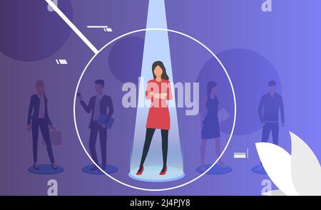 Donna sotto i riflettori attraverso lente di ingrandimento. Dipendente, candidato, gruppo di persone. Concetto di risorsa umana. L'illustrazione vettoriale può essere usata per l'argomento Illustrazione Vettoriale