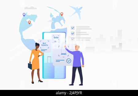 Donna che tiene la valigetta, uomo che acquista i biglietti. App mobile, schermo del telefono, globo. Concetto di prenotazione online. L'illustrazione vettoriale può essere utilizzata per argomenti come Illustrazione Vettoriale