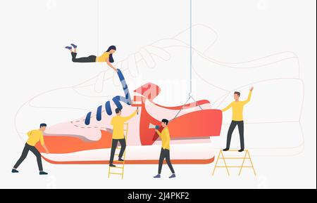 Team di lavoratori che producono sneakers. Progettisti che lavorano su un nuovo modello. Concetto di moda. L'illustrazione vettoriale può essere utilizzata per argomenti come il marchio sportivo, il piede Illustrazione Vettoriale