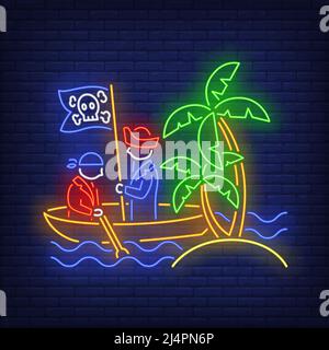 Pirati in barca e isola con palme neon segno. Avventura, nave, disegno di pericolo. Insegna al neon notturna, cartellone colorato, banner chiaro. Vet Illustrazione Vettoriale