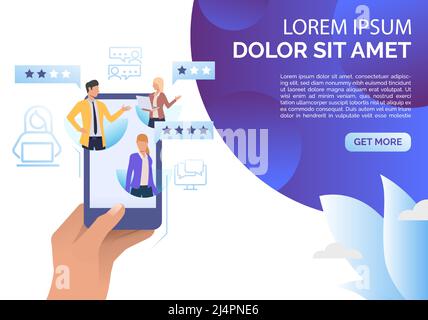 Smartphone con tenuta di mano con persone e fumetto vettore bolle. Feedback online, recensione, marketing sui social media. Concetto di feedback. Può essere utilizzato per webp Illustrazione Vettoriale
