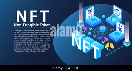 Illustrazione vettoriale del token non Fungibile NFT. Sfondo Web scuro con icone isometriche NFT. Illustrazione Vettoriale