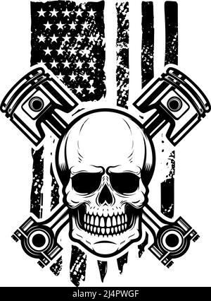 Cranio con pistoni incrociati sullo sfondo della bandiera americana. Elemento di design per logo, emblema, cartello, poster, t-shirt. Illustrazione vettoriale Illustrazione Vettoriale