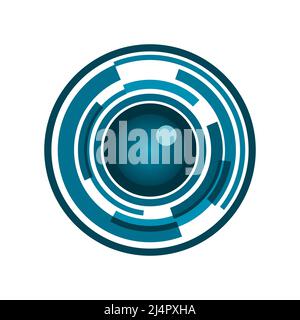 Icona dell'obiettivo della fotocamera blu. Cerchi tecnologici con obiettivo interno. Simbolo fotografico. Modello del logo di Photo Studio. Idea di visione digitale. Vettore di scansione dell'iride oculare Illustrazione Vettoriale