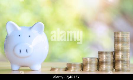 Monete impilare 4 file di monete d'oro e una banca bianca piggy messo su un tavolo di legno per risparmiare denaro investire per il futuro. Concetto di prestito, scala di proprietà, f Foto Stock