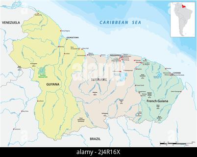 Mappa degli stati della Guiana, del Suriname e del dipartimento francese della Guiana Illustrazione Vettoriale