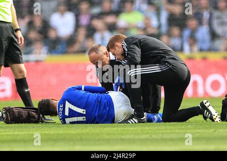 Newcastle, Regno Unito. 17th Apr 2022. Ayoze Perez #17 di Leicester City riceve il trattamento a Newcastle, Regno Unito il 4/17/2022. (Foto di Mark Cosgrove/News Images/Sipa USA) Credit: Sipa USA/Alamy Live News Foto Stock