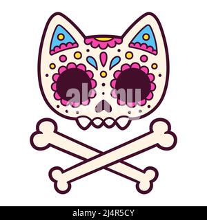 Carino cartoon messicano dipinto gatto cranio e crossbone. Dia de los Muertos (giorno dei morti) disegno, illustrazione vettoriale. Illustrazione Vettoriale