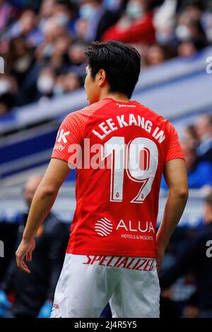 BARCELLONA - MAR 20: Lee Kang-in in azione alla partita la Liga tra RCD Espanyol e RCD Mallorca allo Stadio RCDE il 20 marzo 2022 a Barcelon Foto Stock