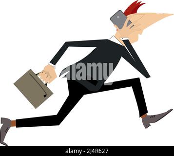 Uomo d'affari a piedi, tenendo la valigetta e parlando al telefono Cartoon businessman parlare sul telefono tenendo cartella cartella cartella cartella valigetta Illustrazione Vettoriale