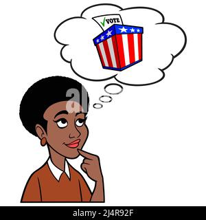 Black Woman Thinking About voting - Un'illustrazione cartoon di una Black Woman che pensa di votare nelle elezioni in su e in arrivo. Illustrazione Vettoriale