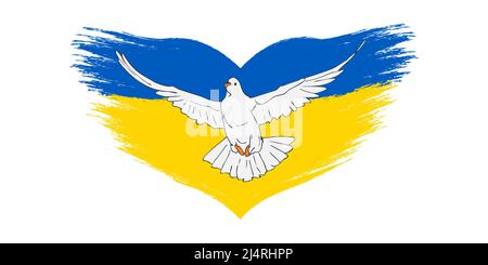 Ucraina, Europa. Vintage card con bandiera ucraina colore pennello tratto a forma di cuore e colomba di pace. Pace nel mondo. Nazione Ucraina. Combatti per indenne Illustrazione Vettoriale